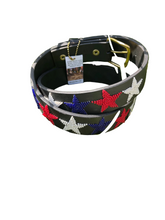 Load image into Gallery viewer, TKC Red White and Blue Stars Belt - Wide Width - Blk leather Silver Buckle