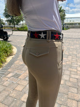 Load image into Gallery viewer, TKC Red White and Blue Stars Belt - Wide Width - Blk leather Silver Buckle